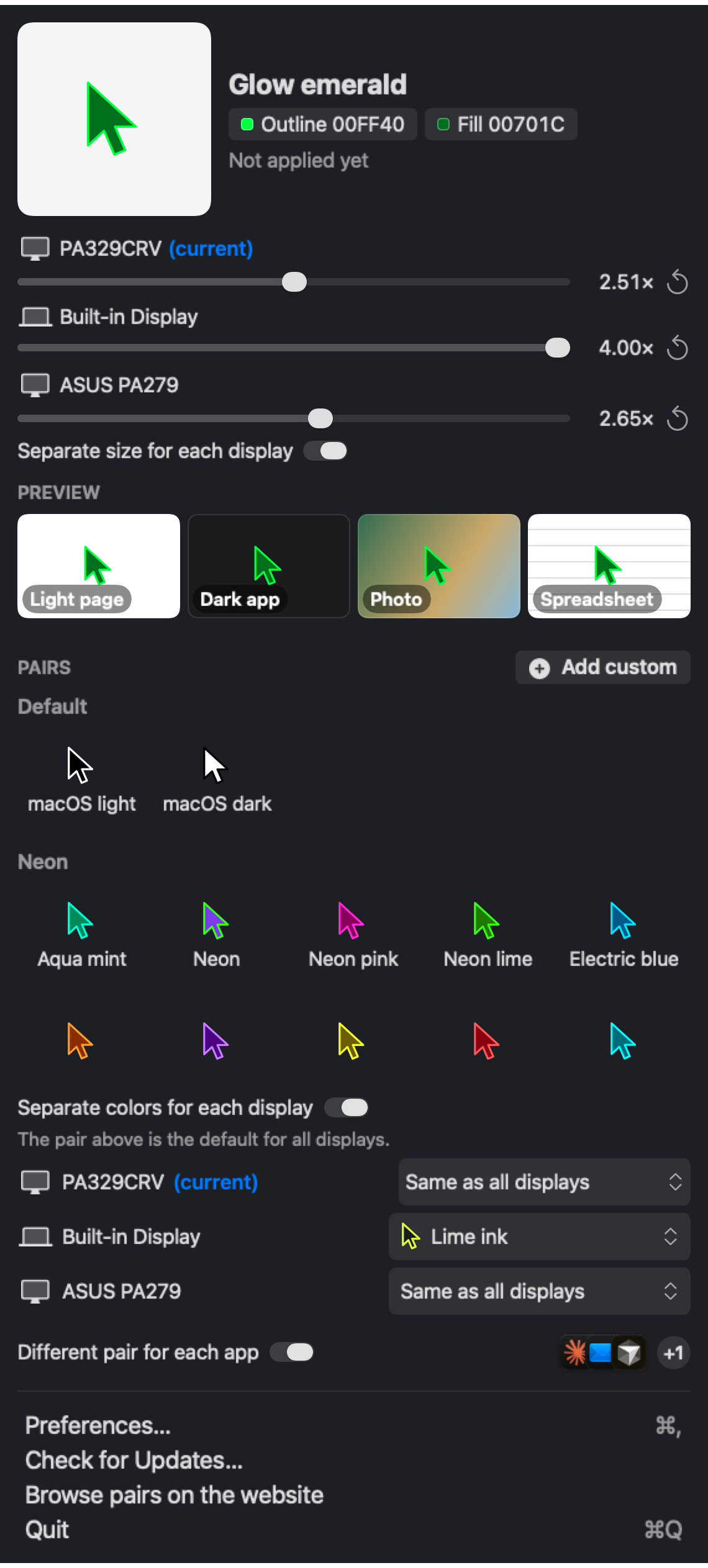 The Pointer Colors menu-bar app showing pairs, a size slider and previews